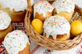 Traditional easter cake kulich Ukrainian style with colored eggs on painted towel Royalty Free Stock Photo