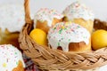 Traditional easter cake kulich Ukrainian style with colored eggs on painted towel Royalty Free Stock Photo