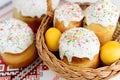 Traditional easter cake kulich Ukrainian style with colored eggs on painted towel Royalty Free Stock Photo