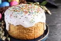 Traditional Easter cake and painted eggs on black table, closeup Royalty Free Stock Photo