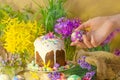 Easter egg in a hand on a background of Easter decoration and spring flowers. Easter breakfast concept. Royalty Free Stock Photo