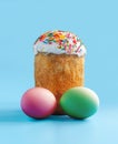 Traditional Easter cakes on blue background a symbol of abundance. Traditional Kulich, Paska Easter Bread. Postcard.