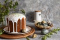 Traditional easter cupcake with icing and Easter eggs. Festive table setting.