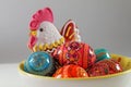 Traditional Easter decoration - colored eggs and gingerbread. Royalty Free Stock Photo