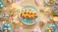 Traditional easter dining table with braided bread and colorful eggs surrounded by spring flowers and candles. concept of easter Royalty Free Stock Photo