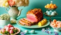 Traditional Easter Dinner Table with Sliced Ham and Seasonal Decorations Royalty Free Stock Photo