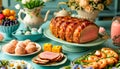 Traditional Easter Dinner Table with Sliced Ham and Seasonal Decorations Royalty Free Stock Photo