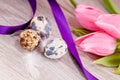 Traditional easter egg decoration with tulips and ribbo Royalty Free Stock Photo