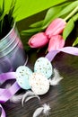 Traditional easter egg decoration with tulips and ribbo Royalty Free Stock Photo