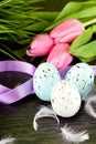 Traditional easter egg decoration with tulips and ribbo Royalty Free Stock Photo