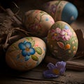 Traditional easter eggs decoration. Easter eggs in rustic style, close up of brown easter eggs on table with flowers in natural
