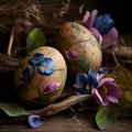 Traditional Easter eggs in rustic style. Easter eggs decoration, close up of brown easter eggs on table with flowers in natural