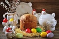 Traditional Easter food - eggs and Easter cake on an old wooden table. Easter background. Royalty Free Stock Photo