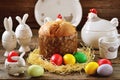 Traditional Easter food - eggs and Easter cake on an old wooden table. Easter background. Royalty Free Stock Photo