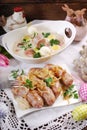 Traditional easter sausage with onion and white borscht Royalty Free Stock Photo