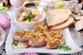 Traditional easter sausage with onion and white borscht Royalty Free Stock Photo