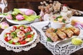 Traditional easter sausage with onion white borscht and salad Royalty Free Stock Photo