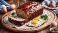 Sliced meatloaf with egg on a plate with boiled egg