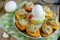 Easter snack deviled eggs stuffed with tuna yolk and mayonnaise