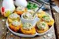 Traditional Easter snack stuffed eggs deep fried and filled with tuna