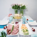 The traditional easter table with the tulips Royalty Free Stock Photo