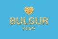 Traditional Eastern Bulgur Wheat texture text with heart shape on blue background.