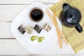 Traditional eastern dish with salmon, shrimp - sushi rolls on a white plate. Royalty Free Stock Photo