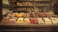 Traditional Eastern sweets in old-fashioned bazaar setting 20th-century. Vintage style with sepia tone. Concept of Royalty Free Stock Photo