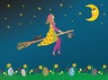 Traditional Easterwoman, in Sweden called PÃ¥skkÃ¤rring flying on her broom in the sky. Eggs in grass. Vector illustration. Royalty Free Stock Photo