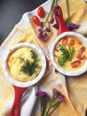 Traditional egg frittata with tomatoes and cheese in the oven Dish  Top View. Baked omelet with vegetables and cheese Royalty Free Stock Photo