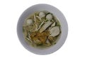 Traditional egg noodles soup with fish ball, shrimp meatball, pork, fried wonton and bean sprouts