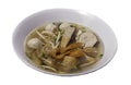 Traditional egg noodles soup with fish ball, shrimp meatball, pork, fried wonton and bean sprouts