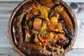 Traditional Egyptian mixture of lamb meat, sausage mumbar intestines filled with rice, kawareh trotters cow feet, pieces of cooked