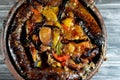 Traditional Egyptian mixture of lamb meat, sausage mumbar intestines filled with rice, kawareh trotters cow feet, pieces of cooked