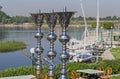 Traditional Egyptian shisha pipes with boats on the river Nile