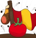 Traditional Elements for Tomatina: Ham, Flag and Tomatoes for Festival, Vector Illustration Royalty Free Stock Photo