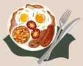 Traditional English breakfast with fried egg on a toast, bacon, grilled tomatoes, sausages, baked beans served on a plate Royalty Free Stock Photo