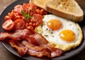 Traditional english breakfast with sausage,beans,toast,bacon and eggs on table.Macro.AI Generative