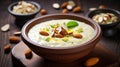 Traditional english breakfast. Woman holds bowl of cereal oatmeal or porridge with milk, raisins and nuts. Close up shot