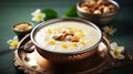 Traditional english breakfast. Woman holds bowl of cereal oatmeal or porridge with milk, raisins and nuts. Close up shot