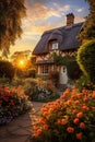 A traditional English cottage with ivy-covered walls, a thatched roof, and a quaint garden. Royalty Free Stock Photo