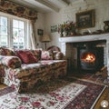 Traditional English cottage living room with floral patterns and cozy fireplace Royalty Free Stock Photo