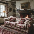 Traditional English cottage living room with floral patterns and cozy fireplace Royalty Free Stock Photo