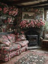 Traditional English cottage living room with floral patterns and cozy fireplace Royalty Free Stock Photo