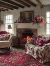 Traditional English cottage living room with floral patterns and cozy fireplace Royalty Free Stock Photo