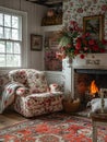 Traditional English cottage living room with floral patterns and cozy fireplace Royalty Free Stock Photo