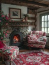 Traditional English cottage living room with floral patterns and cozy fireplace Royalty Free Stock Photo