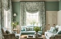 Traditional English countryside style lounge room, with floral upholstery and earthy green colour, home decor and