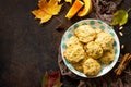 Traditional English cuisine. Breakfast table with pumpkin scones.