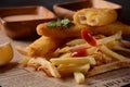 Traditional English Food - Fish and Chips. Fried fish filets and crispy French fries